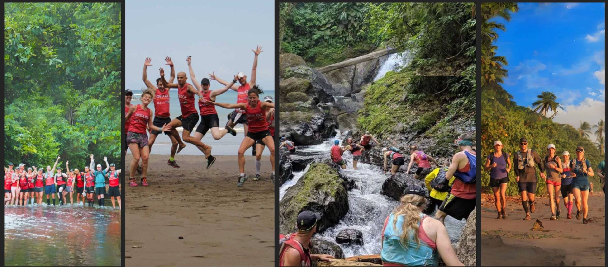 Trail runners enjoying diverse tropical terrain: river, beach jumps, waterfall stream crossing, and coastal path.