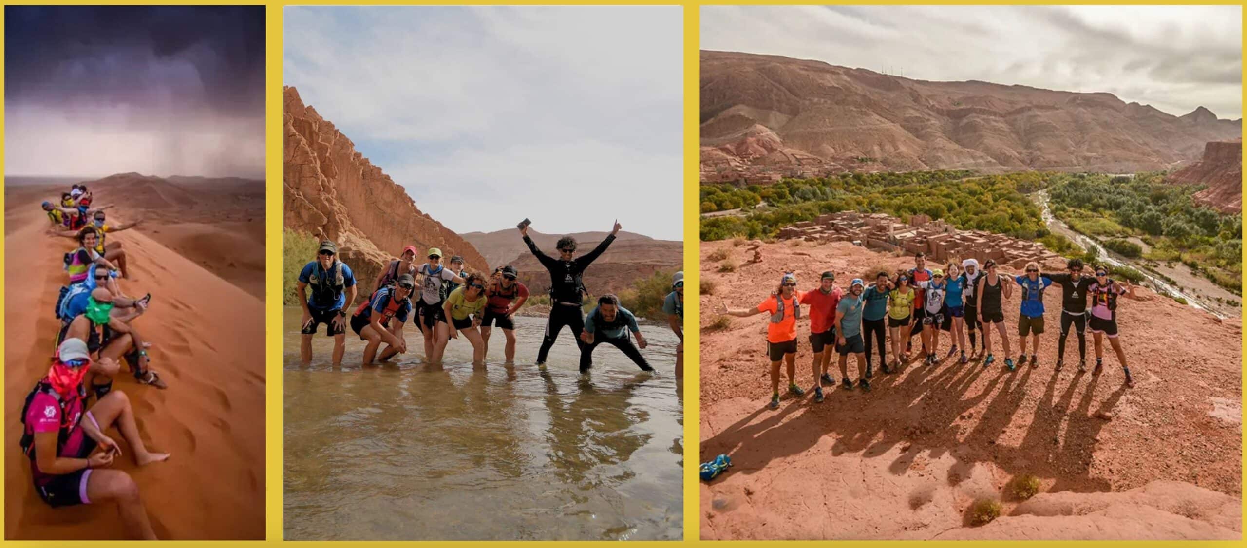 Trail runners in desert: sitting on dunes, wading in a river, overlooking an oasis village.
