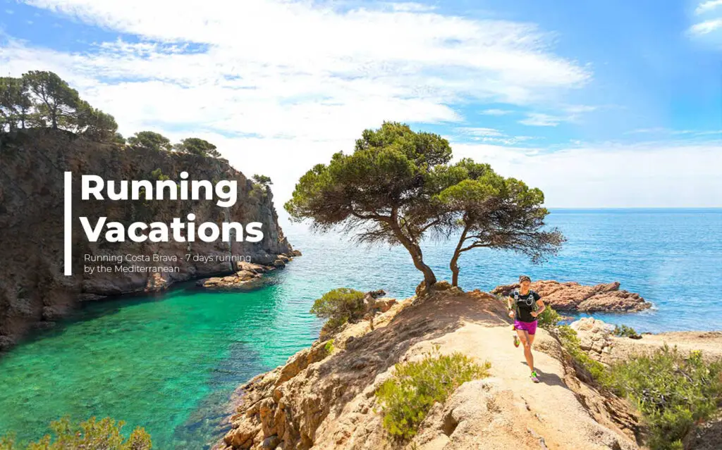 Woman trail running on a sunny Costa Brava coastal path overlooking the turquoise Mediterranean Sea.