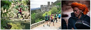 Diverse trail running experiences: jumping over water, running past a castle, and a local cultural portrait.
