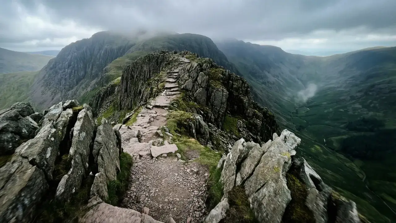 A trail runner traversing Striding Edge, a key part of running Helvellyn in the Lake District.