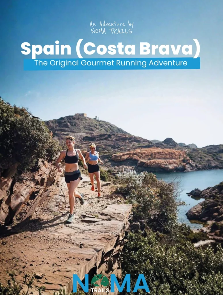 Two women trail running a rocky coastal path in Costa Brava, Spain for a Noma Trails gourmet running adventure.